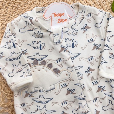 Macacão Malha Trape Zape - Dinos com Abertura em Zíper - Off White com Marinho e Areia